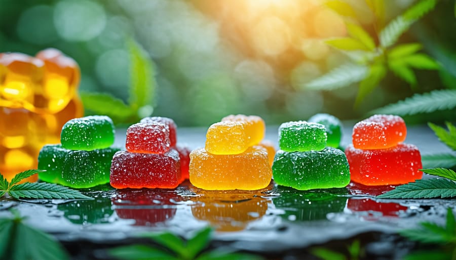 Assorted labeled THCA gummies demonstrating proper packaging