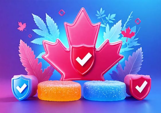 Conceptual illustration of a THCA gummy with compliance checkmarks and Canadian regulation symbols, representing safety in the cannabis industry.