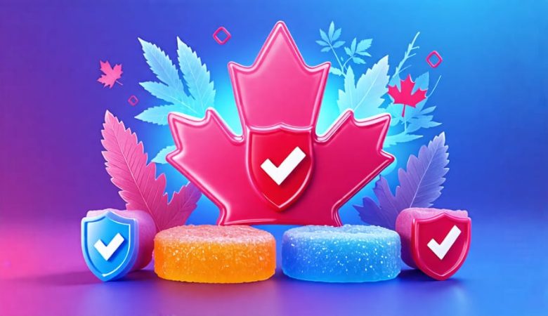 Conceptual illustration of a THCA gummy with compliance checkmarks and Canadian regulation symbols, representing safety in the cannabis industry.