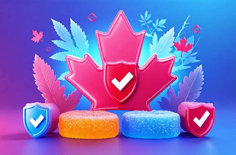 Conceptual illustration of a THCA gummy with compliance checkmarks and Canadian regulation symbols, representing safety in the cannabis industry.