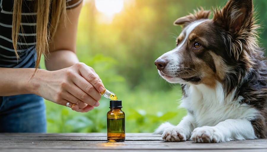 Owner giving CBD oil to their dog with a dropper