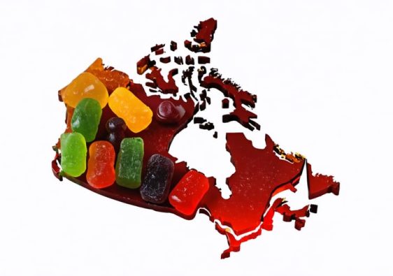 A collection of vibrant CBD gummies in the shape of Canada, symbolizing the expansion of the CBD gummies market with graphics showing upward trends and compliance icons.