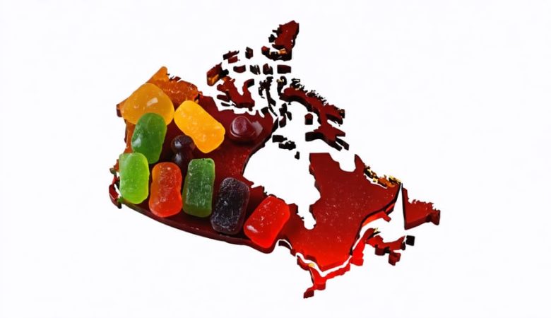 A collection of vibrant CBD gummies in the shape of Canada, symbolizing the expansion of the CBD gummies market with graphics showing upward trends and compliance icons.