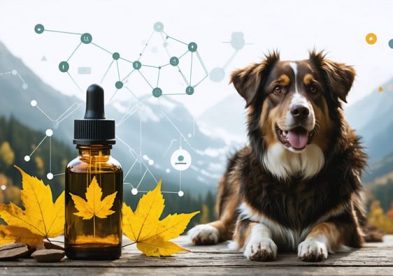 A happy dog sitting next to a CBD oil bottle against a Canadian landscape, symbolizing safe CBD use for dogs in Canada within a legal and scientifically-informed framework.