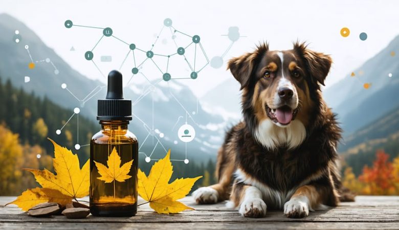 A happy dog sitting next to a CBD oil bottle against a Canadian landscape, symbolizing safe CBD use for dogs in Canada within a legal and scientifically-informed framework.