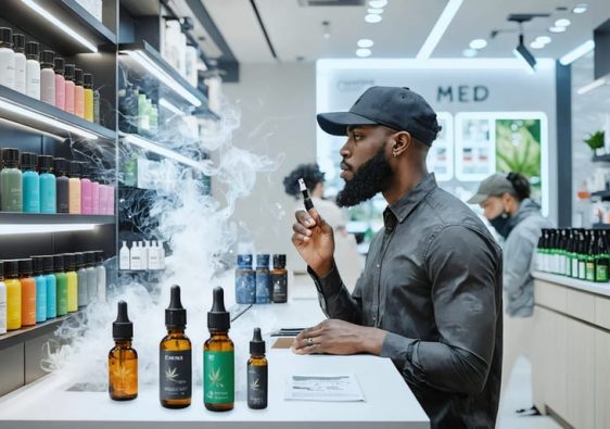 Illustration depicting the connection between cannabis business and vaping industry, highlighting compliance and product variety in a Canadian cannabis store setting.