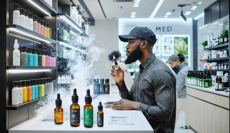 Illustration depicting the connection between cannabis business and vaping industry, highlighting compliance and product variety in a Canadian cannabis store setting.