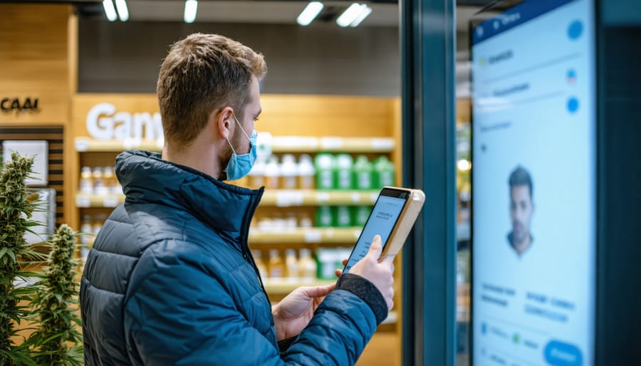 Cannabis store employee verifying customer identification using electronic scanning system