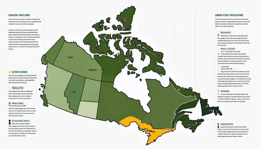 Color-coded map of Canada displaying provincial CBD retail regulation variations