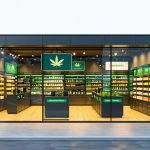 Exterior view of a modern Canadian cannabis store with digital security features and national signage, representing excellence and compliance in the cannabis retail industry.