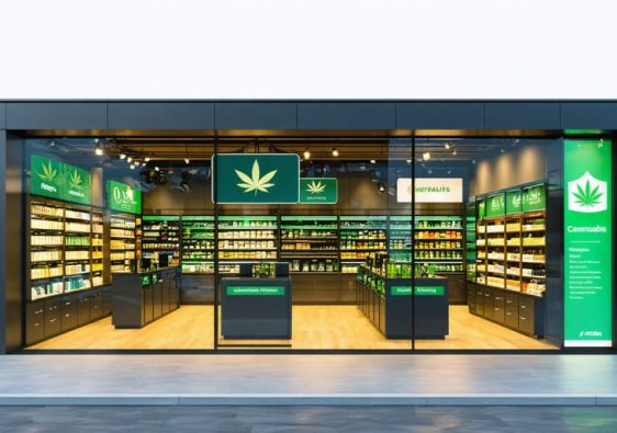 Exterior view of a modern Canadian cannabis store with digital security features and national signage, representing excellence and compliance in the cannabis retail industry.