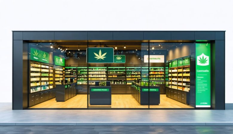 Exterior view of a modern Canadian cannabis store with digital security features and national signage, representing excellence and compliance in the cannabis retail industry.