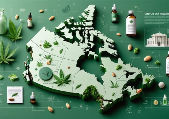 Conceptual illustration of Canada's CBD oil regulatory framework, showing interconnected maps representing federal, provincial, and municipal regulations, surrounded by icons of legal documents and safety compliance.