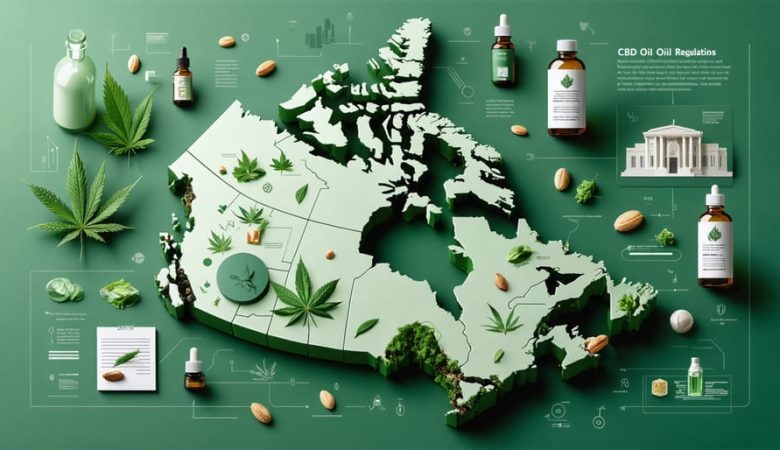 Conceptual illustration of Canada's CBD oil regulatory framework, showing interconnected maps representing federal, provincial, and municipal regulations, surrounded by icons of legal documents and safety compliance.