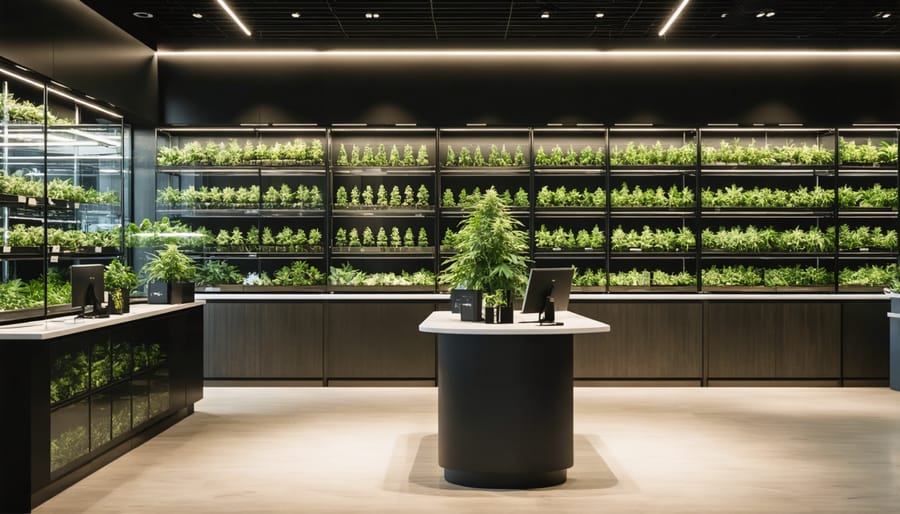 Modern cannabis retail store interior with secure display cases and digital sales terminals