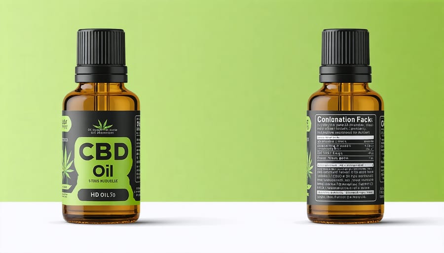 CBD oil bottle with annotated packaging requirements and warning labels