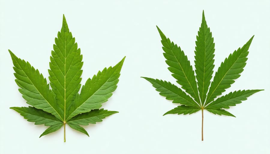 Comparison of fresh kratom and cannabis leaves showing distinct botanical characteristics