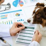 A veterinarian examining a CBD oil bottle labeled for pet use, with compliance documents and a checklist in the background, representing regulation adherence in the Canadian market.