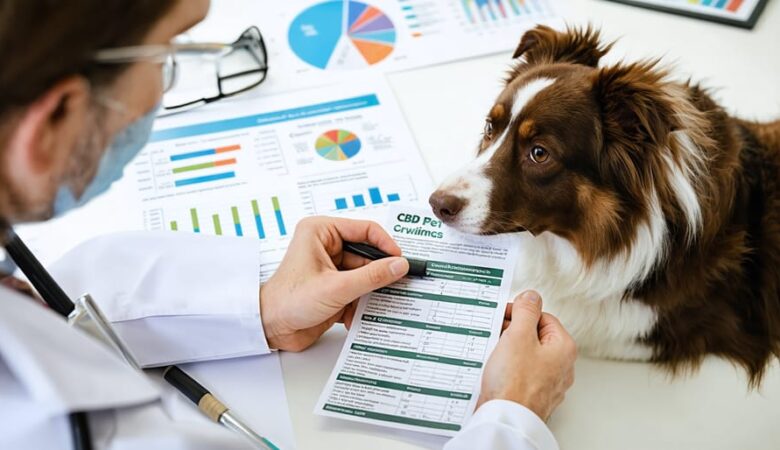 A veterinarian examining a CBD oil bottle labeled for pet use, with compliance documents and a checklist in the background, representing regulation adherence in the Canadian market.